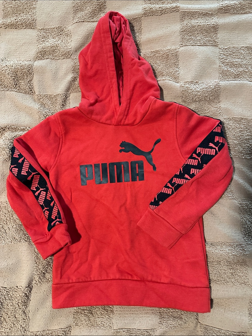 Puma Red Kids' Hoodie with Black Logo and Sleeve Tape